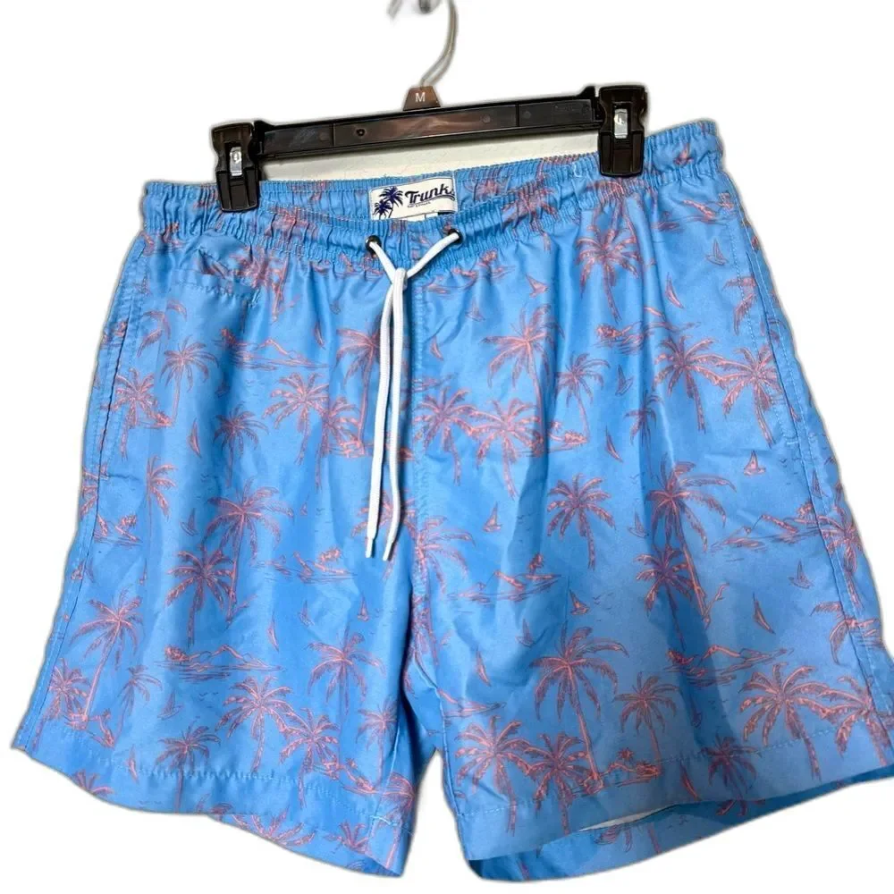 Men’s Swim Trunks Blue Pink Tropical Print Size L Mesh Lined Beach Shorts
